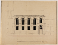 214758 Opstand van de gevel aan het Munsterkerkhof te Utrecht voor het te bouwen Leesmuseum, volgens het tweede, ...